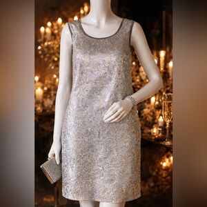 S Max Mara Metallic Silver Jacquard Cocktail Dress | Sleeveless Evening Party Mi